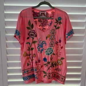 Johnny Was Pink Embroidered Floral V-Neck Tunic